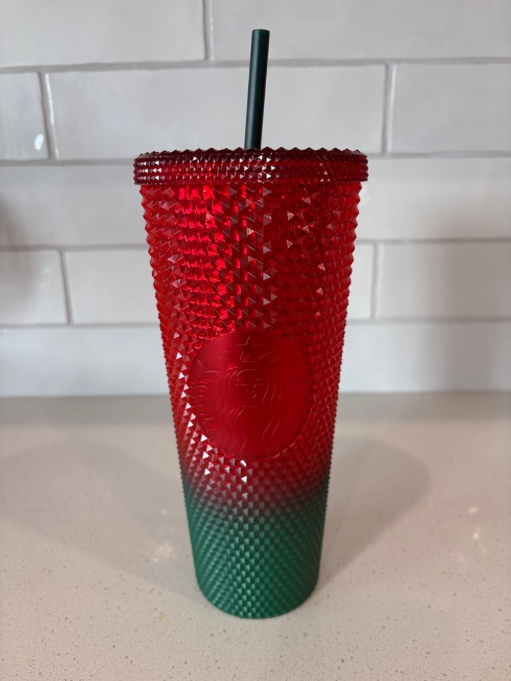 Starbucks Red and Green Studded Tumbler with Dark Green Straw